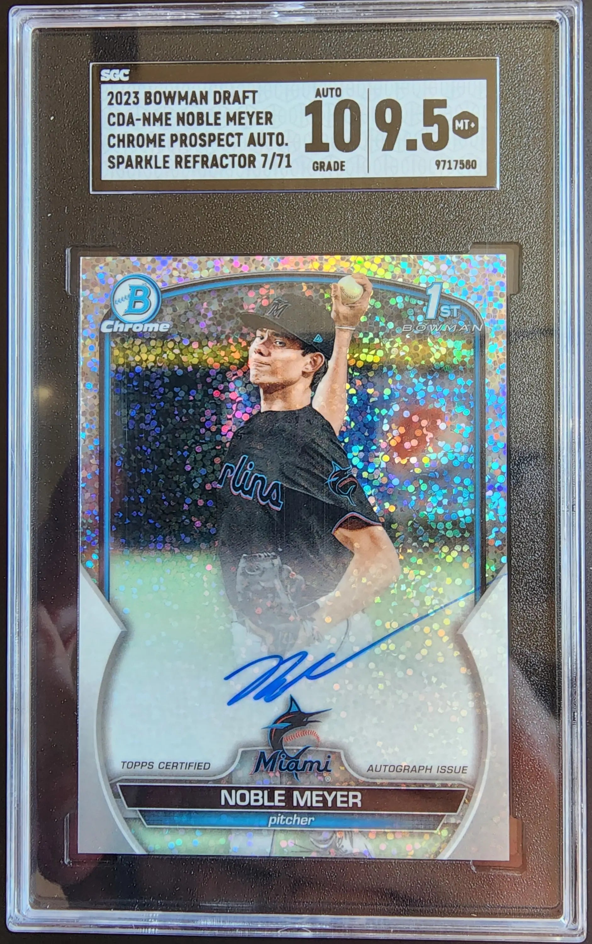 Graded Noble Meyer 2023 Bowman Draft Chrome Sparkle Auto with Holographic Design