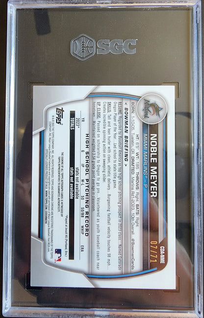 Baseball card in hard case featuring SGC logo for Noble Meyer Bowman Draft Chrome Sparkle Auto