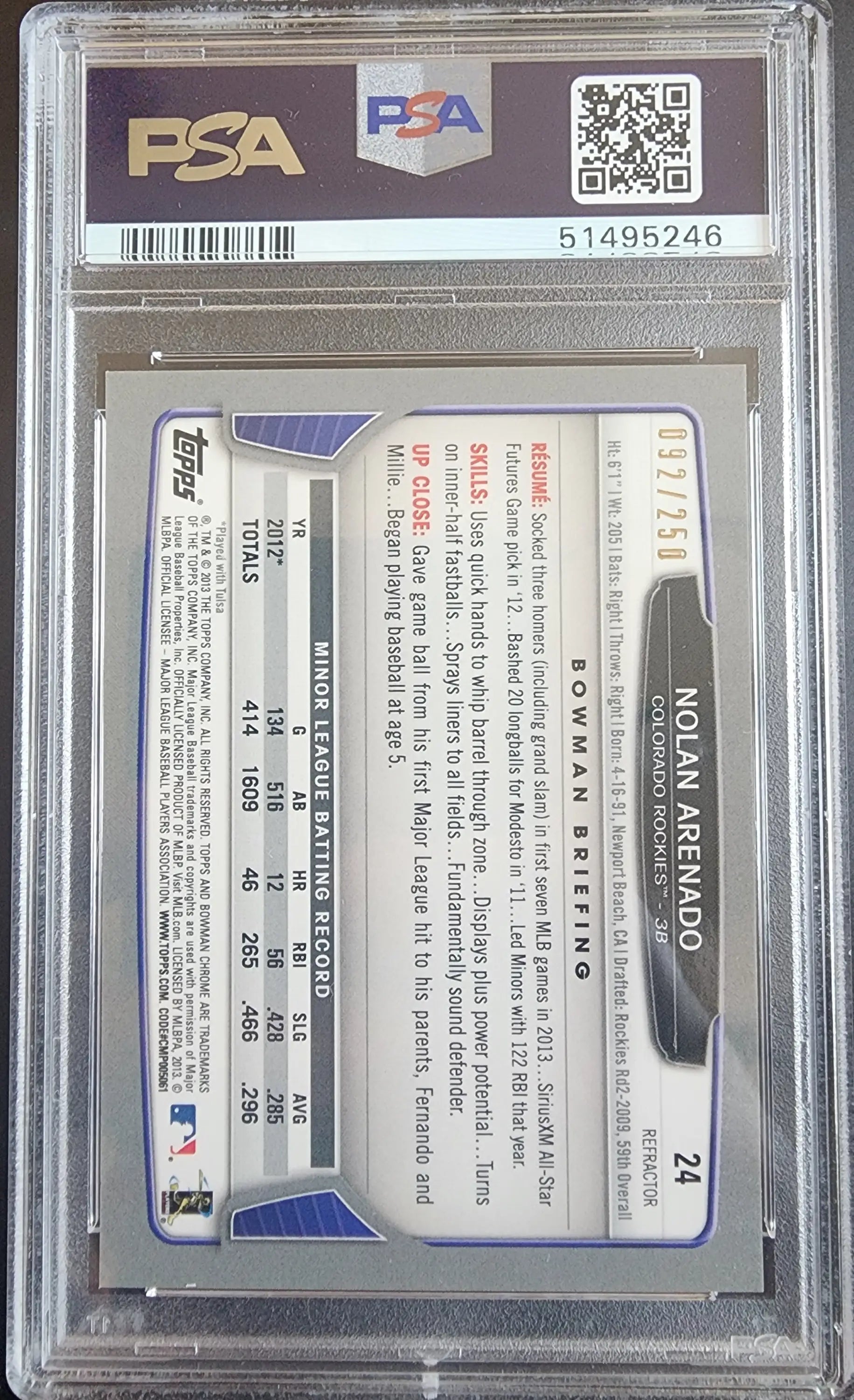 Nolan Arenado 2013 Bowman Chrome Blue Refractor #92/250 PSA 9 Mint in protective case