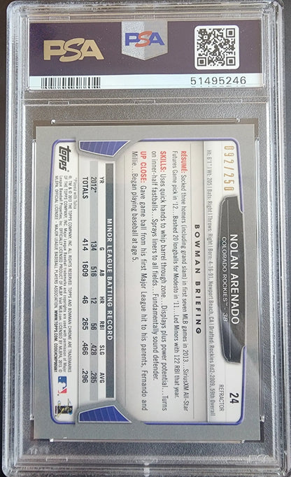 Nolan Arenado 2013 Bowman Chrome Blue Refractor #92/250 PSA 9 Mint in protective case