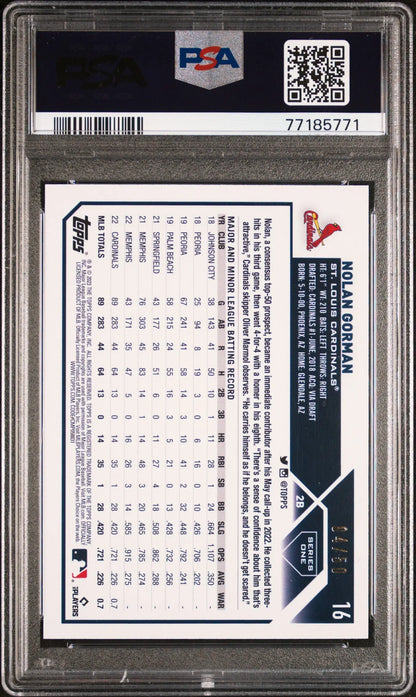 Graded Nolan Gorman baseball card from Topps 1st Edition Red Foil series, PSA 10