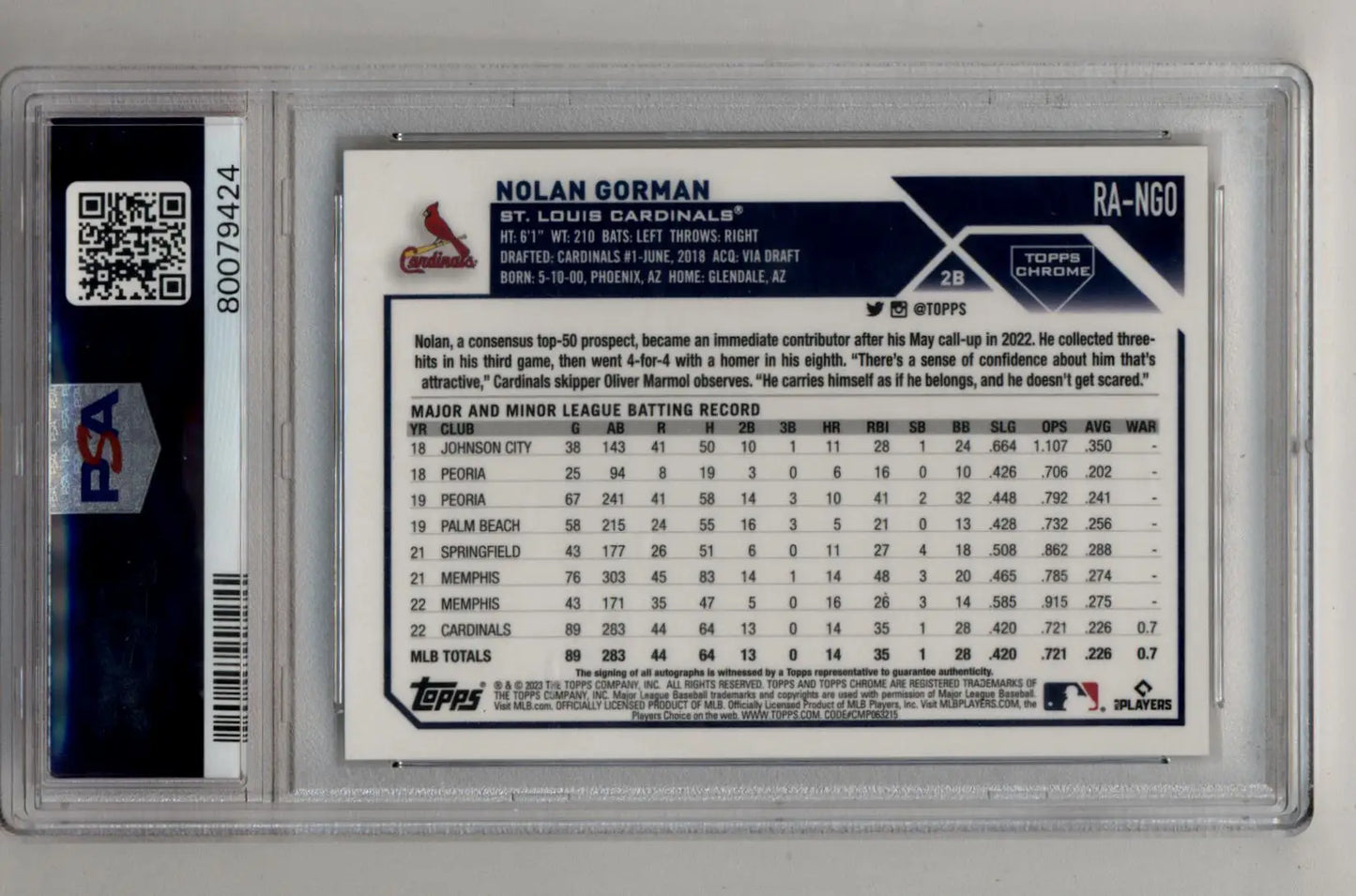 Nolan Gorman 2023 Topps Chrome Rookie Gold Auto PSA 10 Gem Mint baseball card