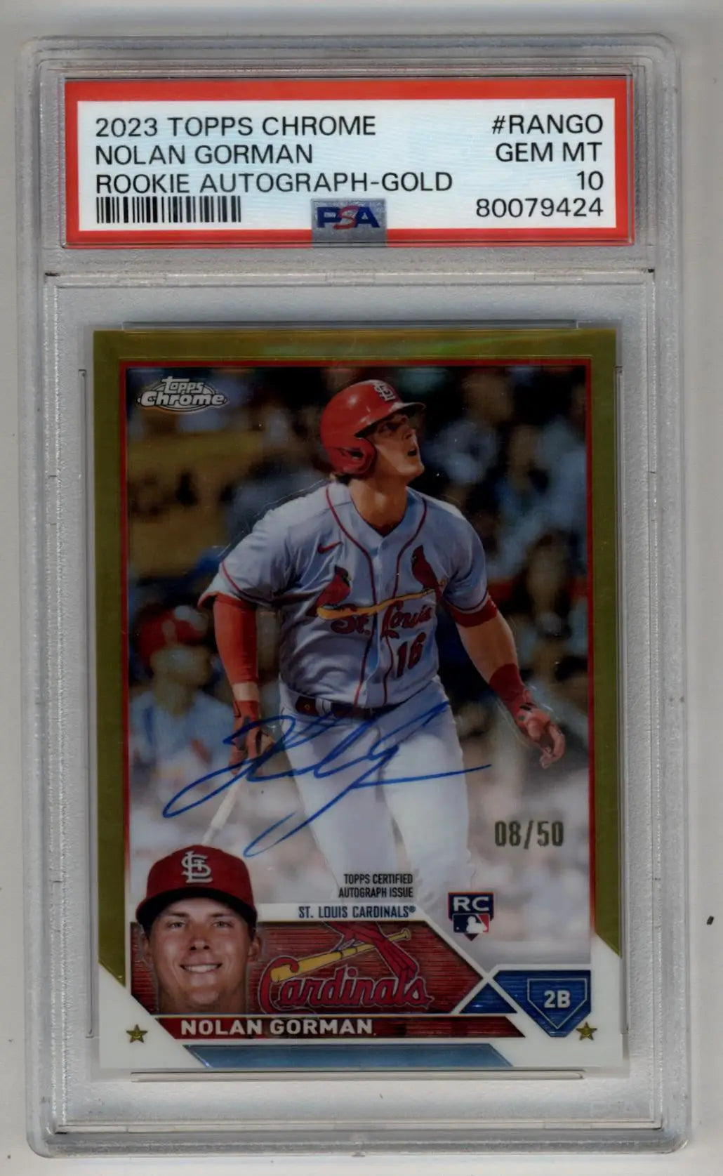 2023 Topps Chrome Rookie Nolan Gorman Gold Auto baseball card PSA 10 Gem Mint