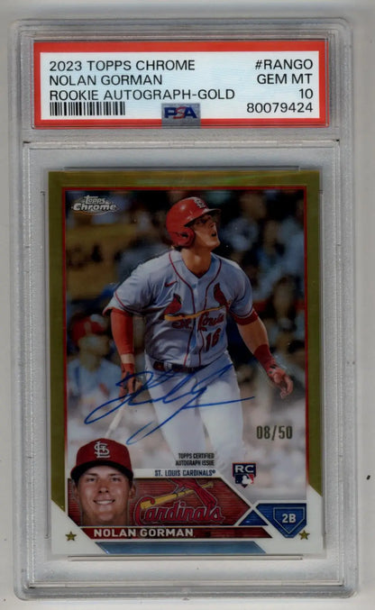 2023 Topps Chrome Rookie Nolan Gorman Gold Auto baseball card PSA 10 Gem Mint