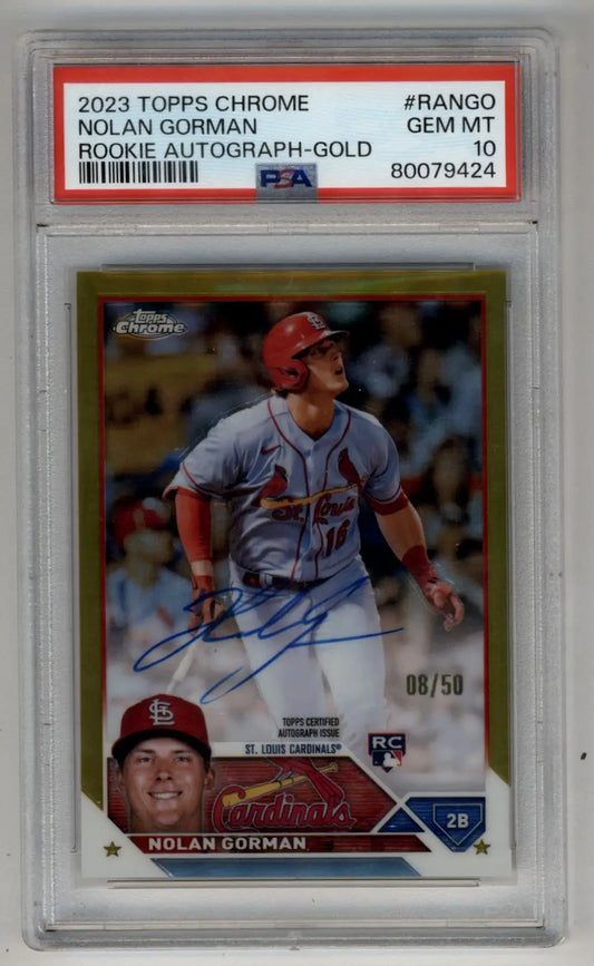 2023 Topps Chrome Rookie Nolan Gorman Gold Auto baseball card PSA 10 Gem Mint