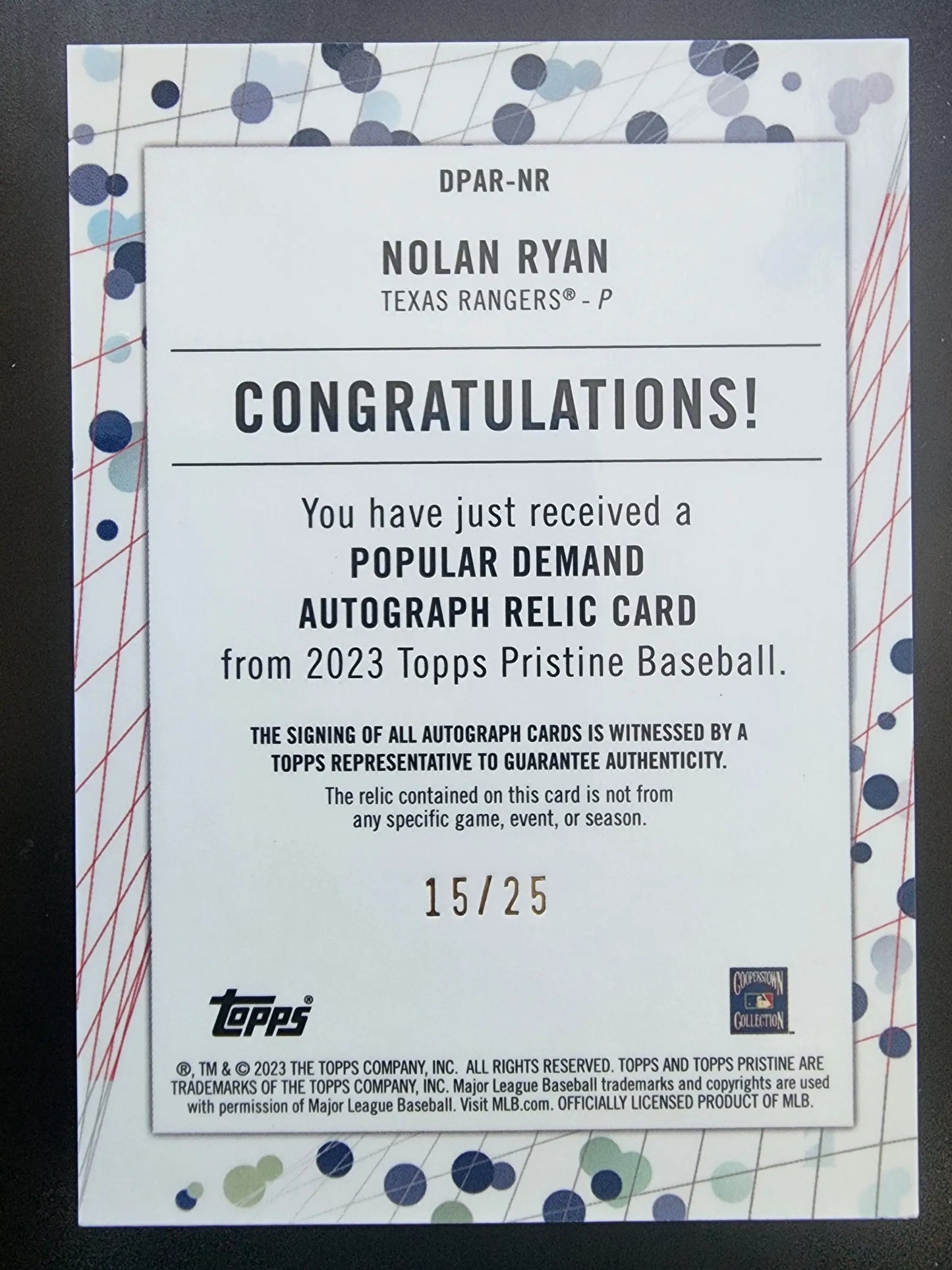 Nolan Ryan 2023 Topps Pristine Popular Demand Auto Jersey card 15/25 with autograph