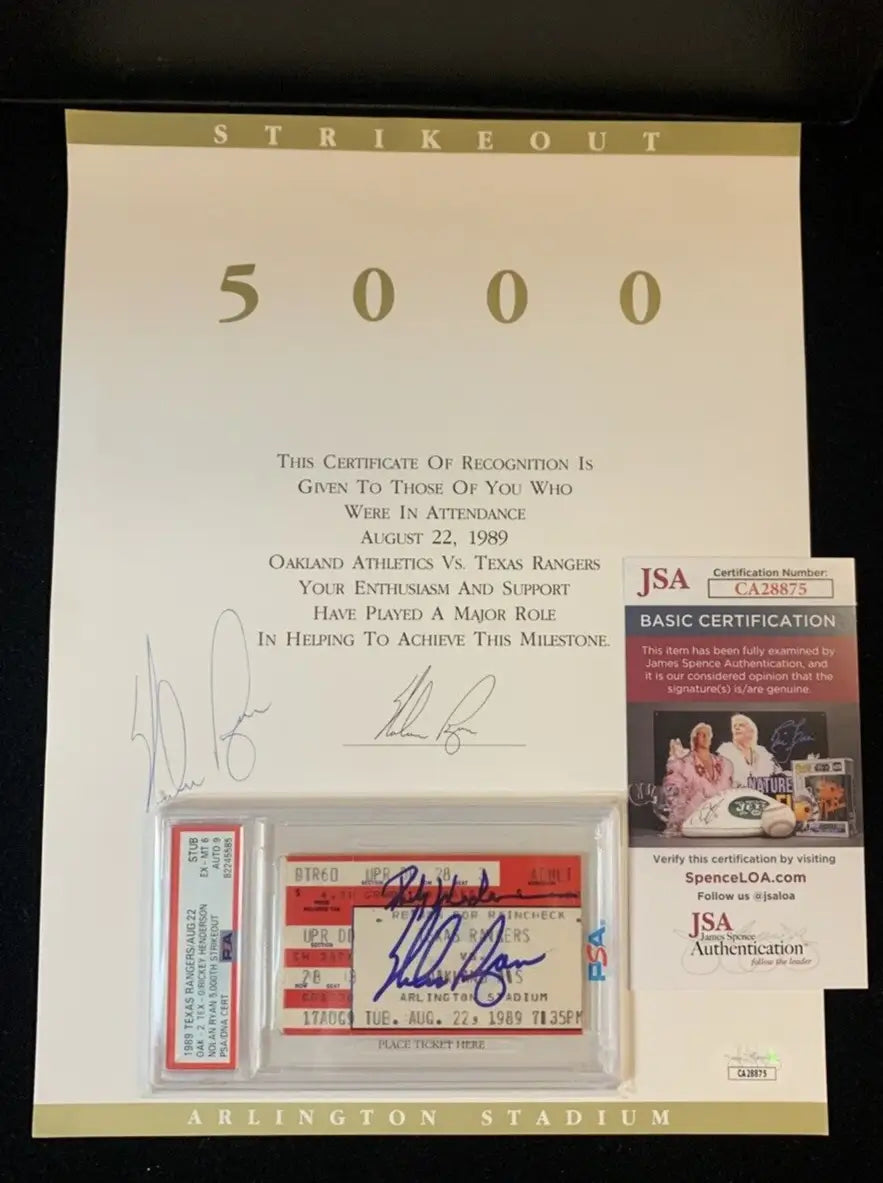 Nolan Ryan and Rickey Henderson signed baseball ticket stub memorabilia for collectors