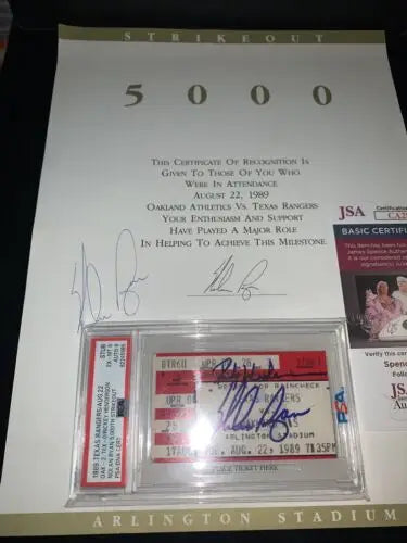 Framed baseball memorabilia featuring Nolan Ryan and Rickey Henderson ticket stub