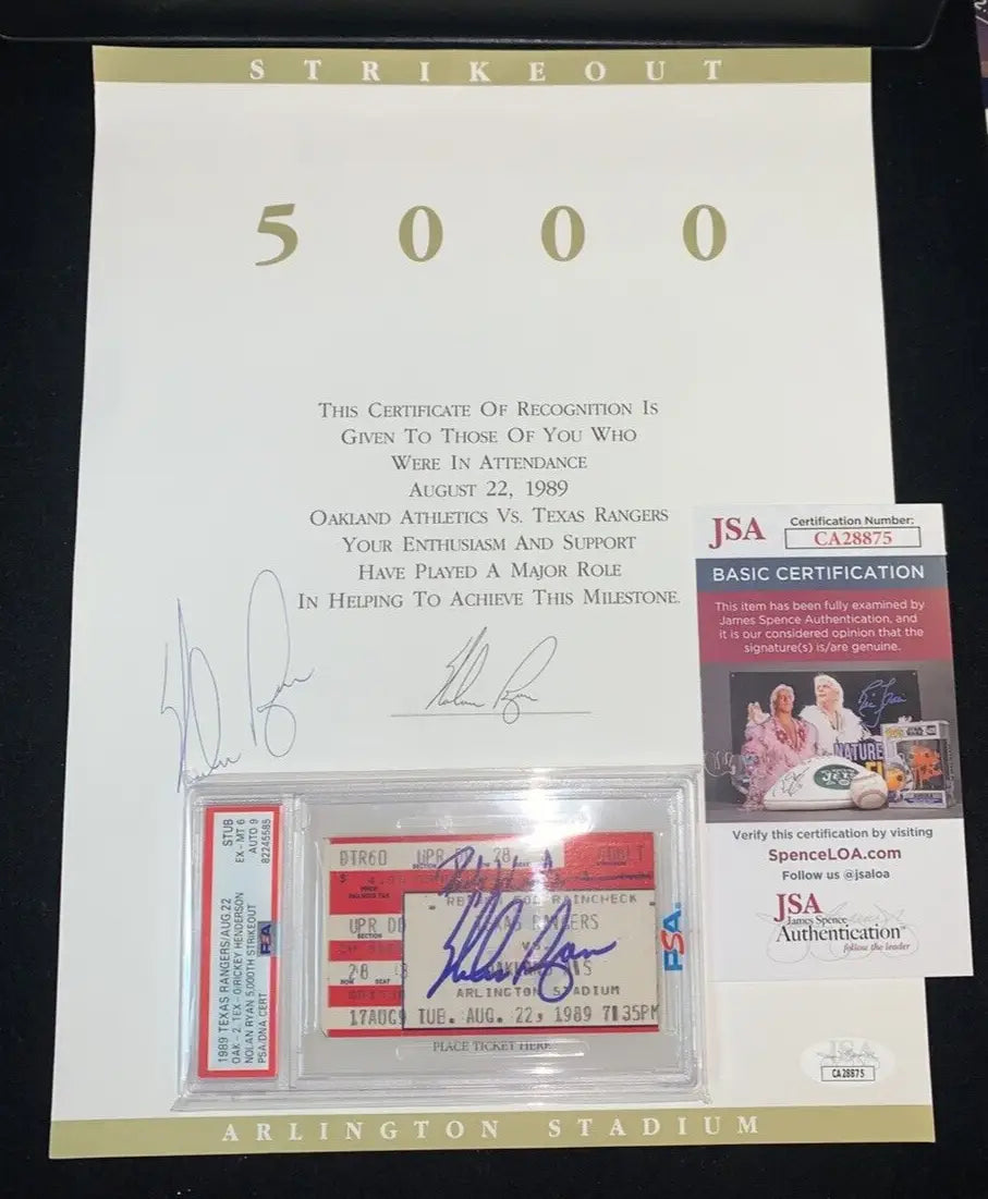 Framed Nolan Ryan memorabilia featuring ticket stub from 1989 with Rickey Henderson