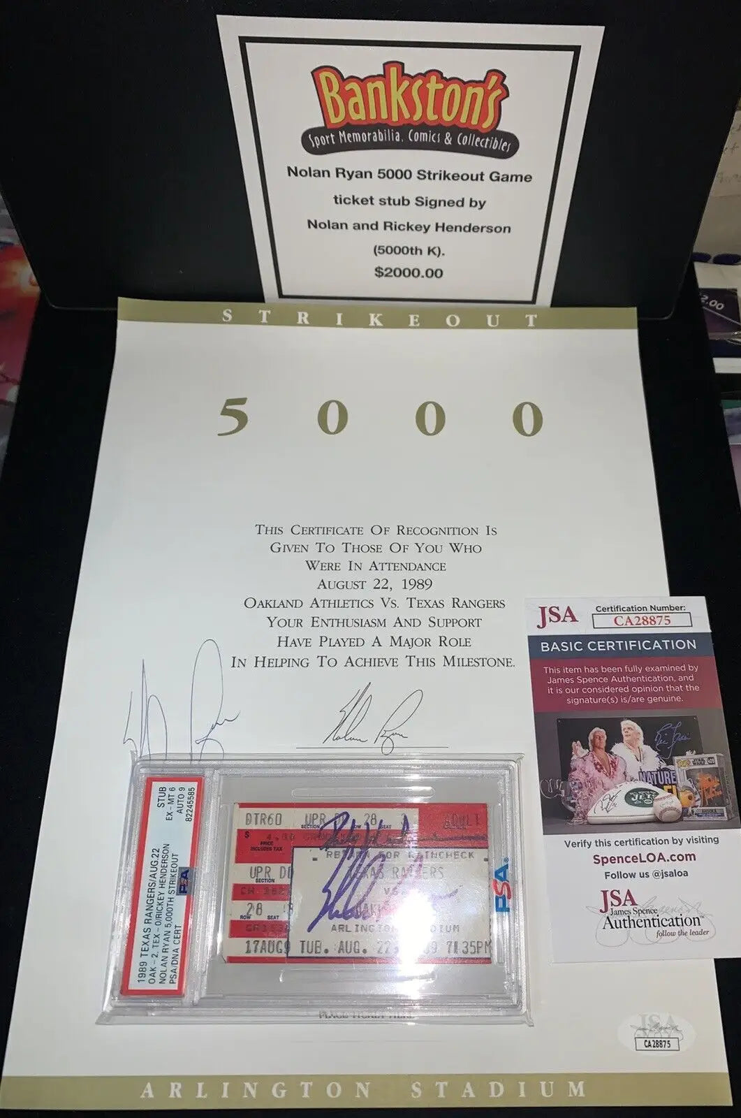 Framed Nolan Ryan memorabilia featuring Rickey Henderson ticket stub and PSA DNA 9 rating