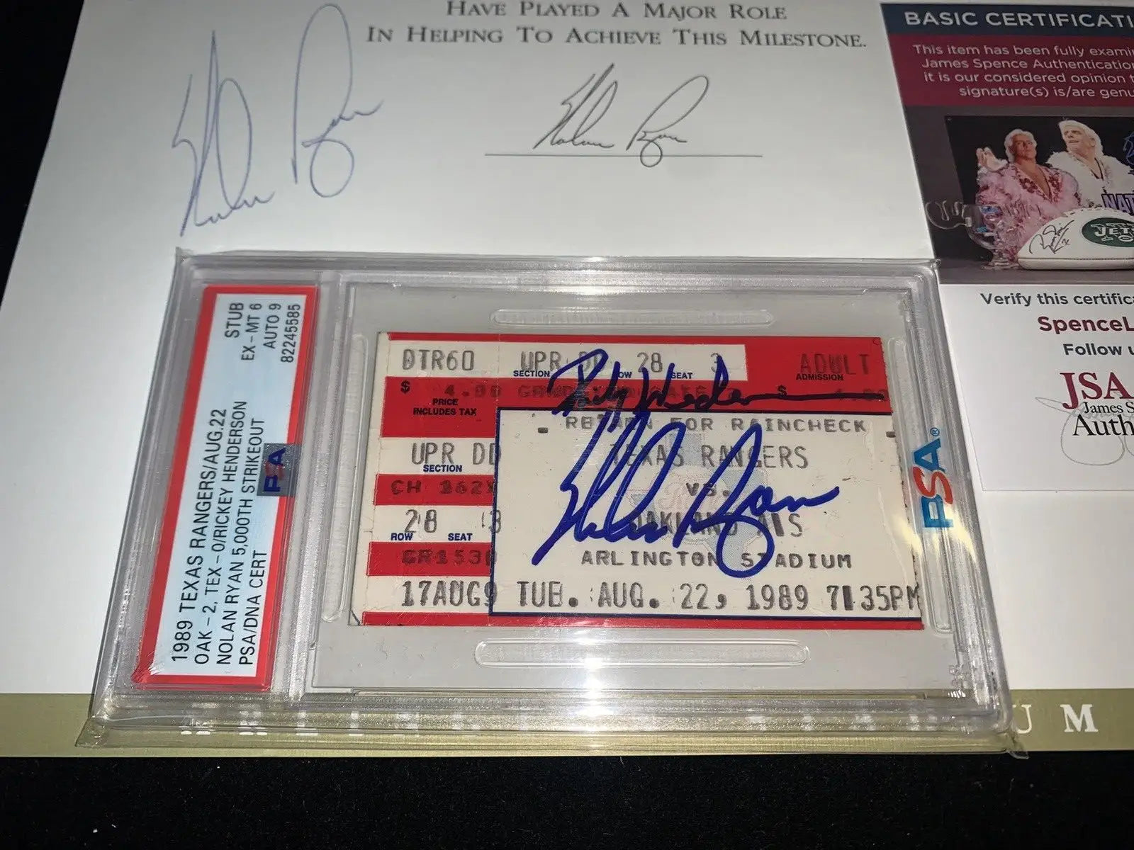 Signed Nolan Ryan memorabilia including ticket stub for Rickey Henderson’s 5000 K’s