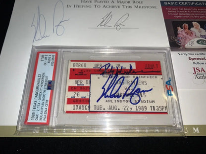 Signed Nolan Ryan memorabilia including ticket stub for Rickey Henderson’s 5000 K’s