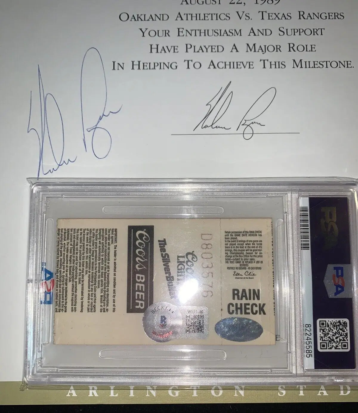 Nolan Ryan and Rickey Henderson signed baseball memorabilia with ticket stub PSA DNA 9