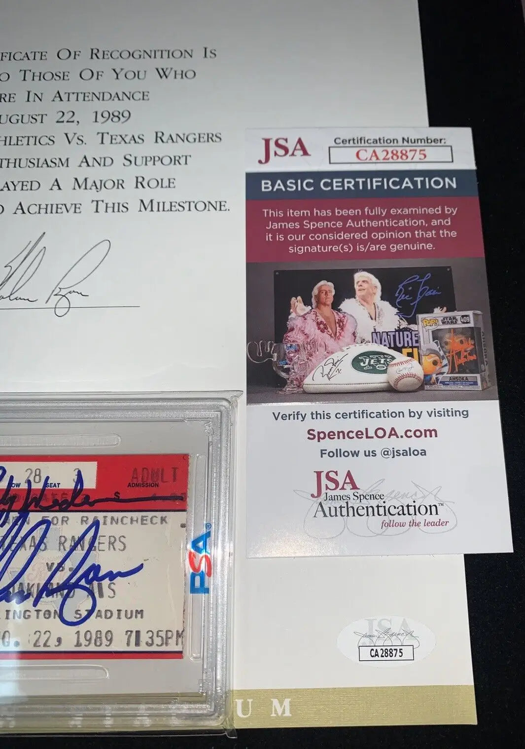 Signed Nolan Ryan and Rickey Henderson ticket stub with PSA DNA authentication