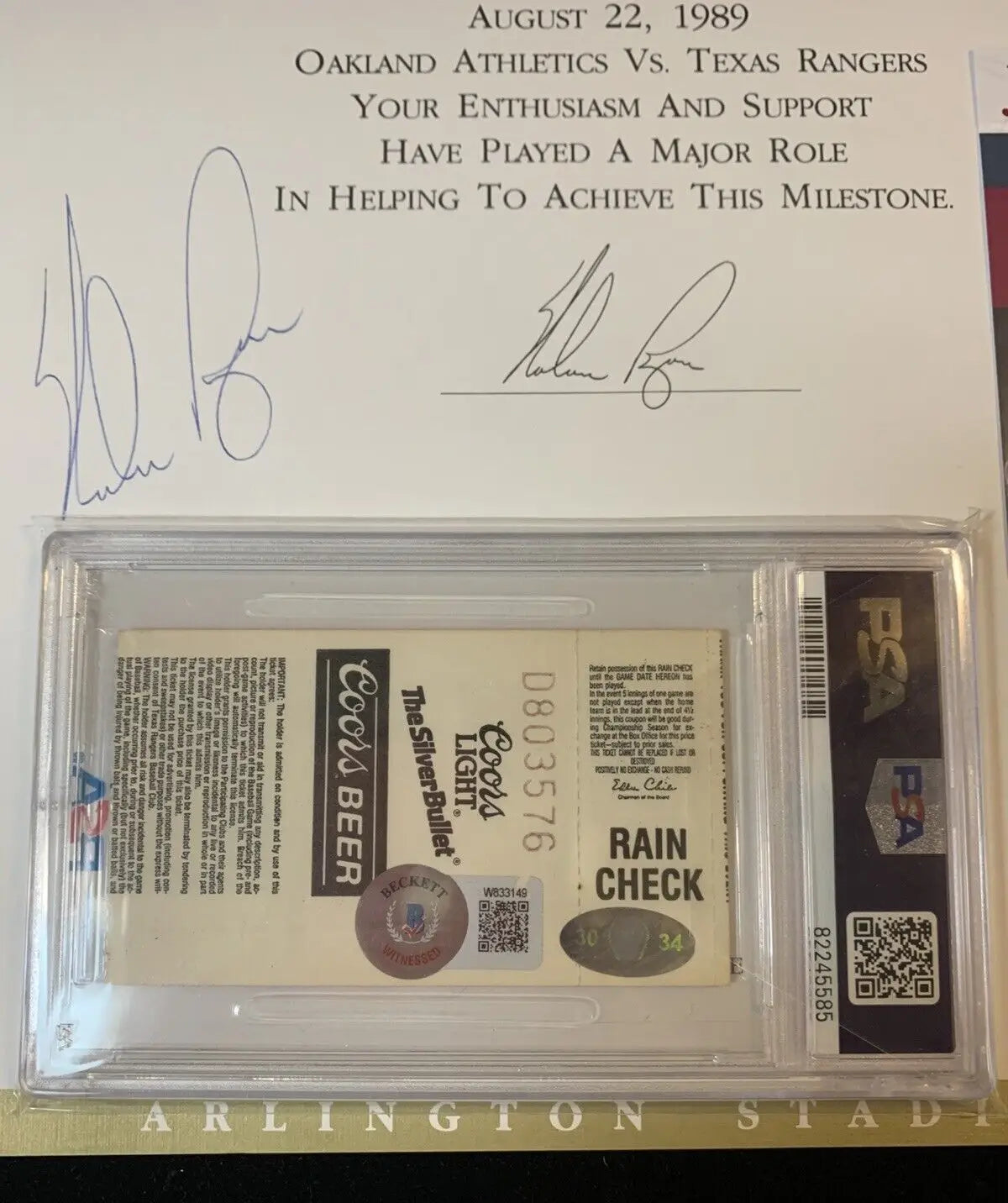 Framed baseball memorabilia featuring Nolan Ryan and Rickey Henderson ticket stub