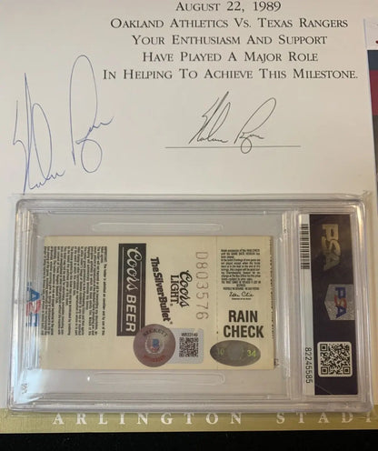 Framed baseball memorabilia featuring Nolan Ryan and Rickey Henderson ticket stub