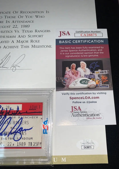 Autographed Nolan Ryan Rickey Henderson ticket stub with PSA DNA certificate of authenticity