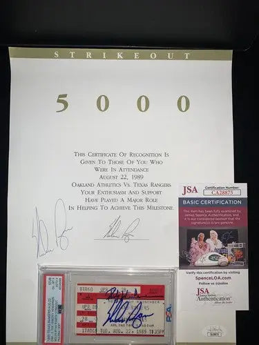 Nolan Ryan Rickey Henderson signed Rangers ticket stub for 5000 K’s with PSA DNA certification