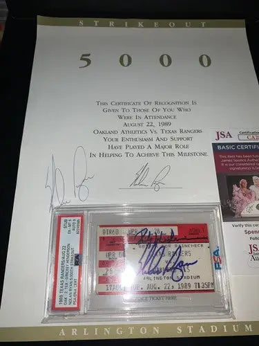 Autographed Nolan Ryan 5000 K’s ticket stub with Rickey Henderson signed Rangers ticket