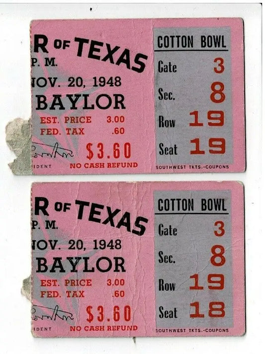Two vintage Cotton Bowl tickets featuring Doak Walker for Baylor Bears vs SMU match
