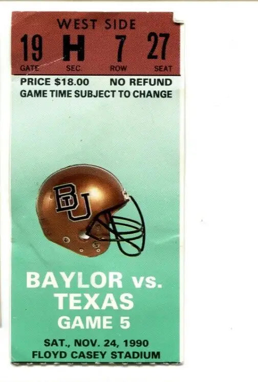 Baylor vs Texas football ticket stub from 1990 featuring Texas Longhorns game memorabilia