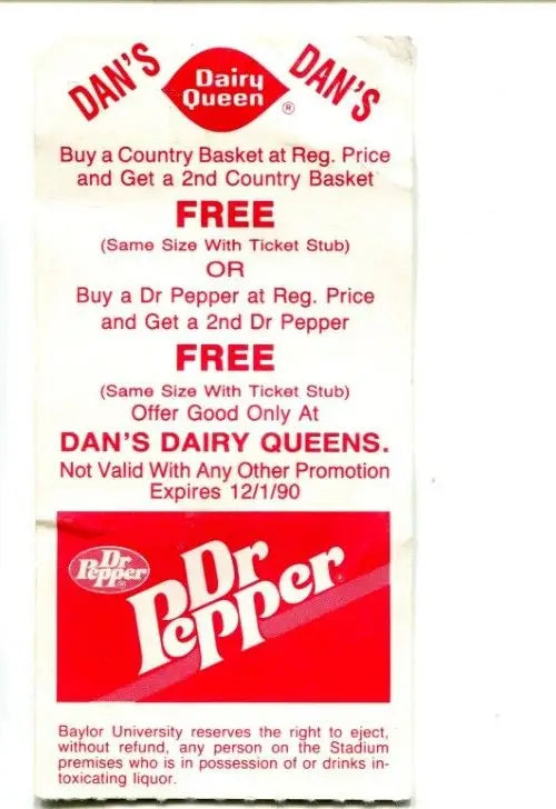 Vintage Dairy Queen coupon with Texas Longhorns NCAA ticket stub and trading cards