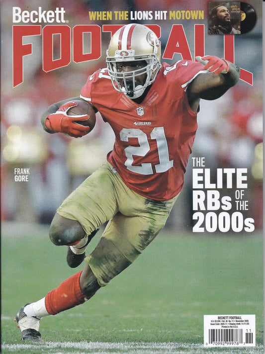 Beckett Football Price Guide Magazine November 2025 featuring Frank Gore on the cover