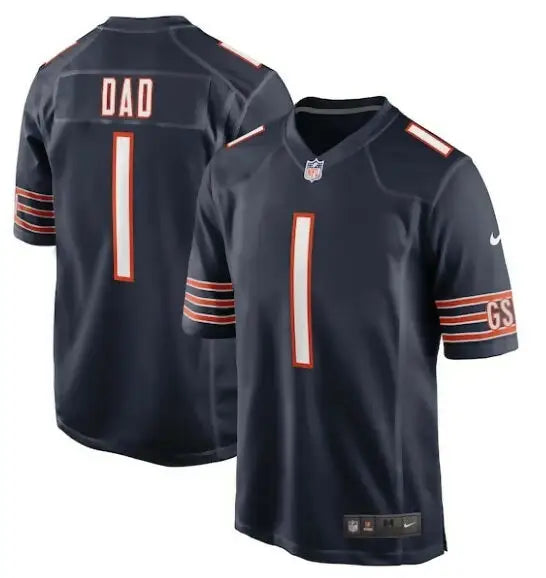 Dark blue Chicago Bears Nike Game Jersey with orange and white accents, Number 1 Dad design