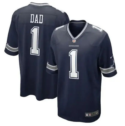 Dark blue Dallas Cowboys Nike Game Jersey with number 1 and Dad on the back