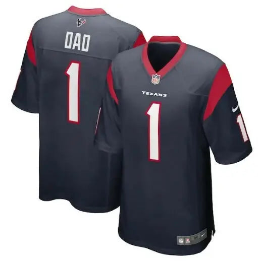 Two dark blue Houston Texans Nike Game Jerseys with red accents and number 1