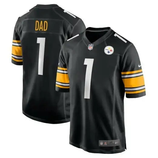 Black Pittsburgh Steelers Nike Game Jersey with yellow and white striped sleeves and number 1