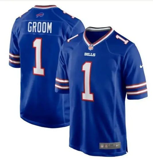 Blue Buffalo Bills Nike Game Jersey with number 1 and GROOM on the back