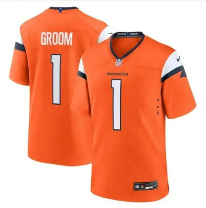 Two orange Denver Broncos Nike Game Jerseys displayed for the Number 1 Groom product