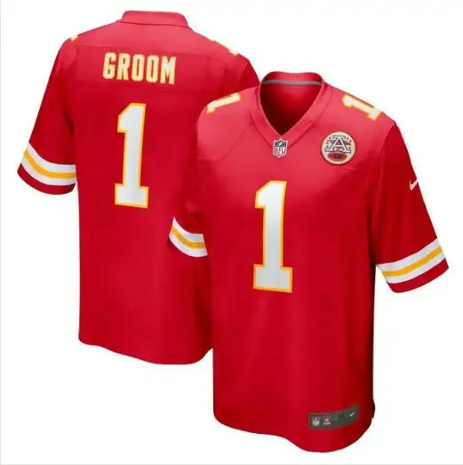 Two red Kansas City Chiefs Nike Game Jerseys for groom Kansas City fans