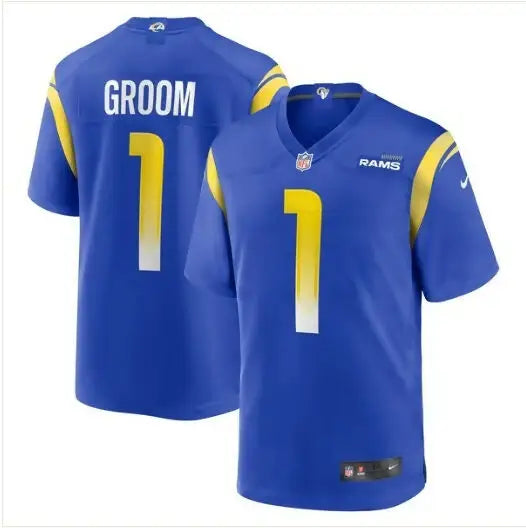Blue Los Angeles Rams Nike Game Jersey with yellow number 1 and GROOM on back