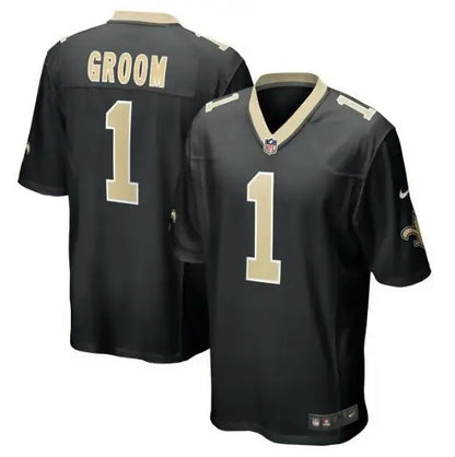 Black and gold New Orleans Saints football jersey with number 1 and GROOM text