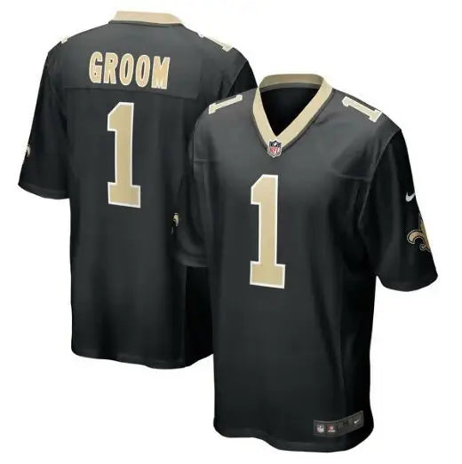 Black and gold New Orleans Saints football jersey with number 1 and GROOM text