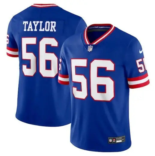 Blue NFL jersey with number 56 and TAYLOR on back, Nike Game Jersey for New York Giants