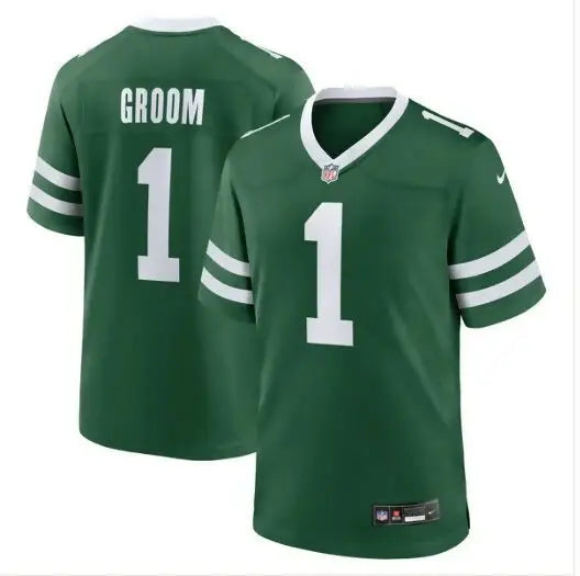 Green York Jets Nike game jersey with white trim and number 1 for Jets Nike Game collection