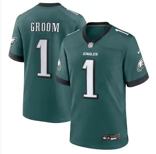 Green Philadelphia Eagles Nike Game Jersey with number 1 and GROOM on the back