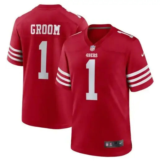 Red San Francisco 49ers Nike Game Jersey with GROOM and number 1 on the back