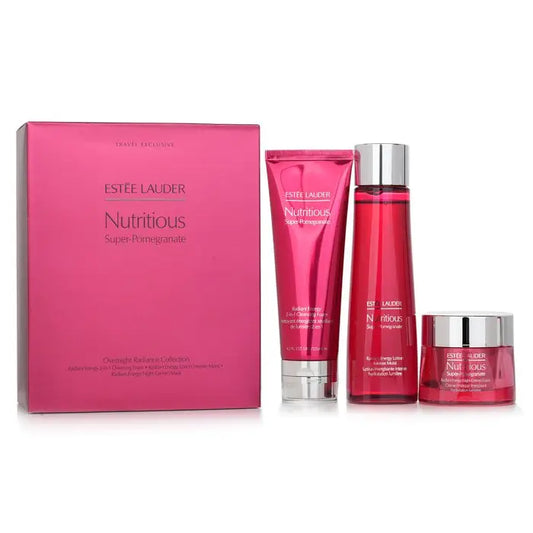 Estee Lauder Nutritious Super-Pomegranate Overnight Radiance skincare set for radiant energy