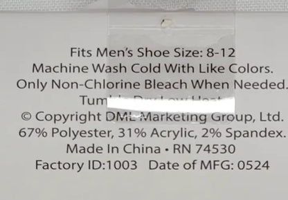 Product care and material info for NWT LEGALE Merry Christmas Santa Socks Shoe Size 8-12 Men