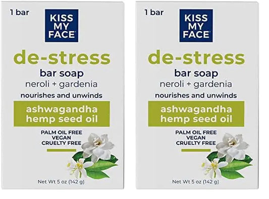 Kiss My Face De-Stress Bar Soap - Neroli + Gardenia - Vegan Soap Bar with Hemp Seed Oil - Cruelty Free and Palm Oil Free Bath Soap (Neroli + Gardenia Pack of 2)