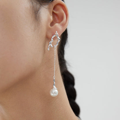 10MM Round Pearl Asymmetric Long Earrings
