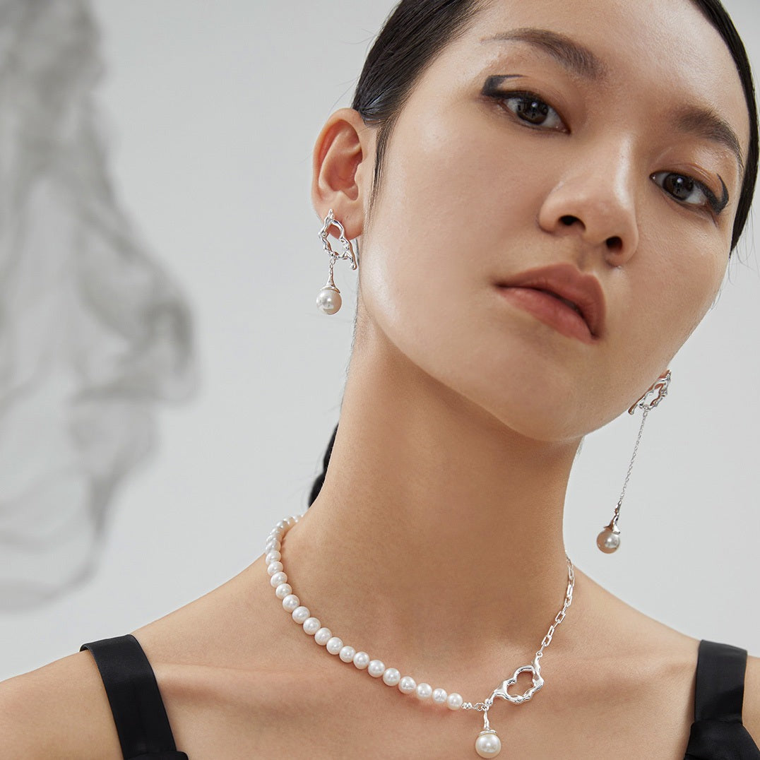 10MM Round Pearl Asymmetric Long Earrings
