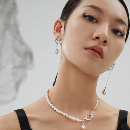 10MM Round Pearl Asymmetric Long Earrings