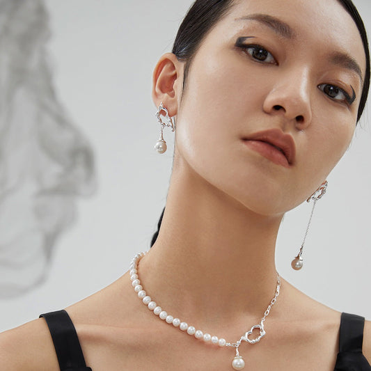 10MM Round Pearl Asymmetric Long Earrings