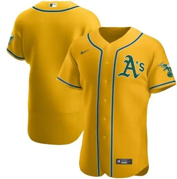 Yellow Oakland Athletics Nike Authentic Official Team Jersey displayed in gold