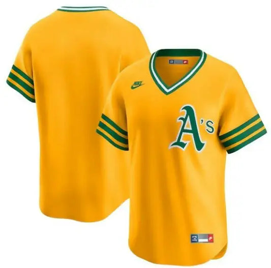 Yellow Oakland Athletics Nike Cooperstown Collection limited jersey displayed for sale